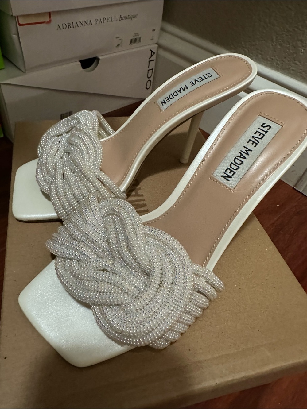 Steve Madden Ivory Beaded Knot Mule Heels